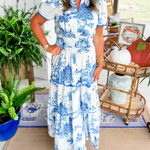 Women's Toile Midi Dress Smocked Waist Tiered Skirt Wedding Guest Garden Party Summer - Victrafia