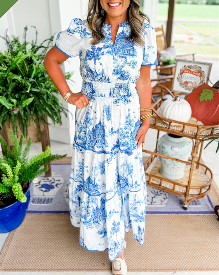 Women's Toile Midi Dress Smocked Waist Tiered Skirt Wedding Guest Garden Party Summer - Victrafia