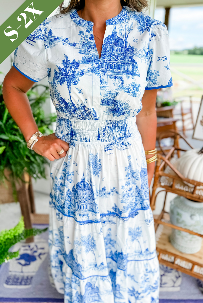 Women's Toile Midi Dress Smocked Waist Tiered Skirt Wedding Guest Garden Party Summer - Victrafia