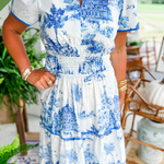 Women's Toile Midi Dress Smocked Waist Tiered Skirt Wedding Guest Garden Party Summer - Victrafia