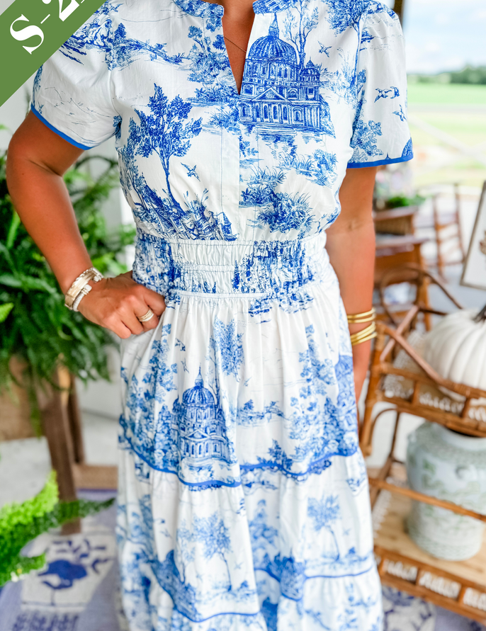 Women's Toile Midi Dress Smocked Waist Tiered Skirt Wedding Guest Garden Party Summer - Victrafia