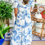 Women's Toile Midi Dress Smocked Waist Tiered Skirt Wedding Guest Garden Party Summer - Victrafia