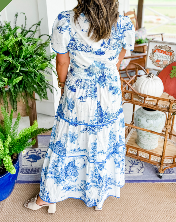 Women's Toile Midi Dress Smocked Waist Tiered Skirt Wedding Guest Garden Party Summer - Victrafia