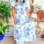 Women's Toile Midi Dress Smocked Waist Tiered Skirt Wedding Guest Garden Party Summer - Victrafia
