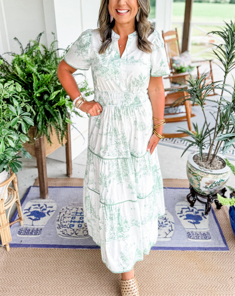Women's Toile Midi Dress Smocked Waist Tiered Skirt Wedding Guest Garden Party Summer - Victrafia