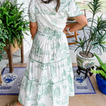 Women's Toile Midi Dress Smocked Waist Tiered Skirt Wedding Guest Garden Party Summer - Victrafia