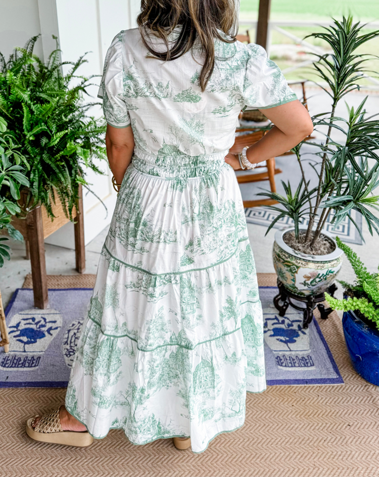 Women's Toile Midi Dress Smocked Waist Tiered Skirt Wedding Guest Garden Party Summer - Victrafia