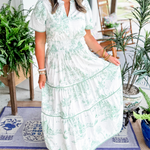 Women's Toile Midi Dress Smocked Waist Tiered Skirt Wedding Guest Garden Party Summer - Victrafia