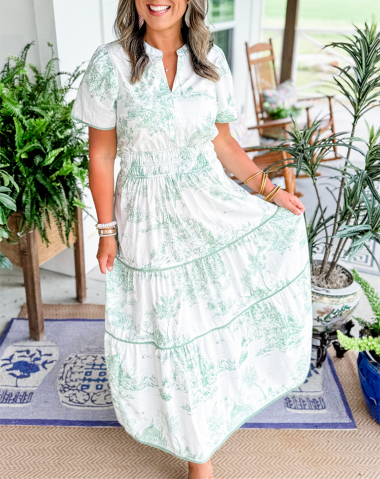 Women's Toile Midi Dress Smocked Waist Tiered Skirt Wedding Guest Garden Party Summer - Victrafia