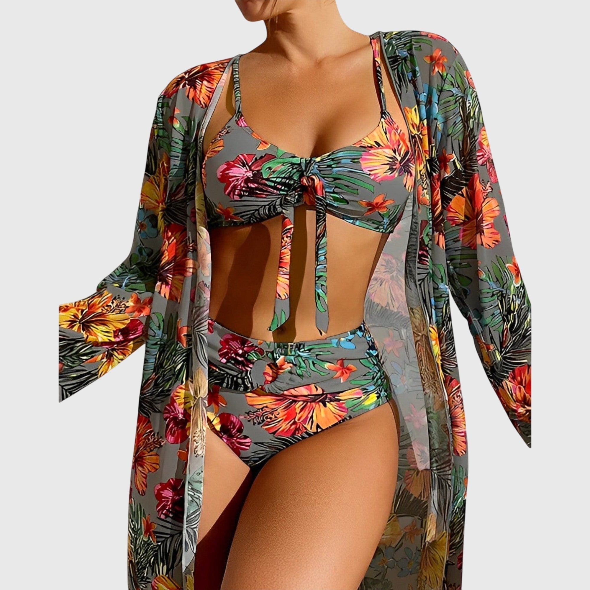 Women's Tropical Print Bikini Set 3-Piece High-Waisted Swimsuit with Cover-Up - Victrafia