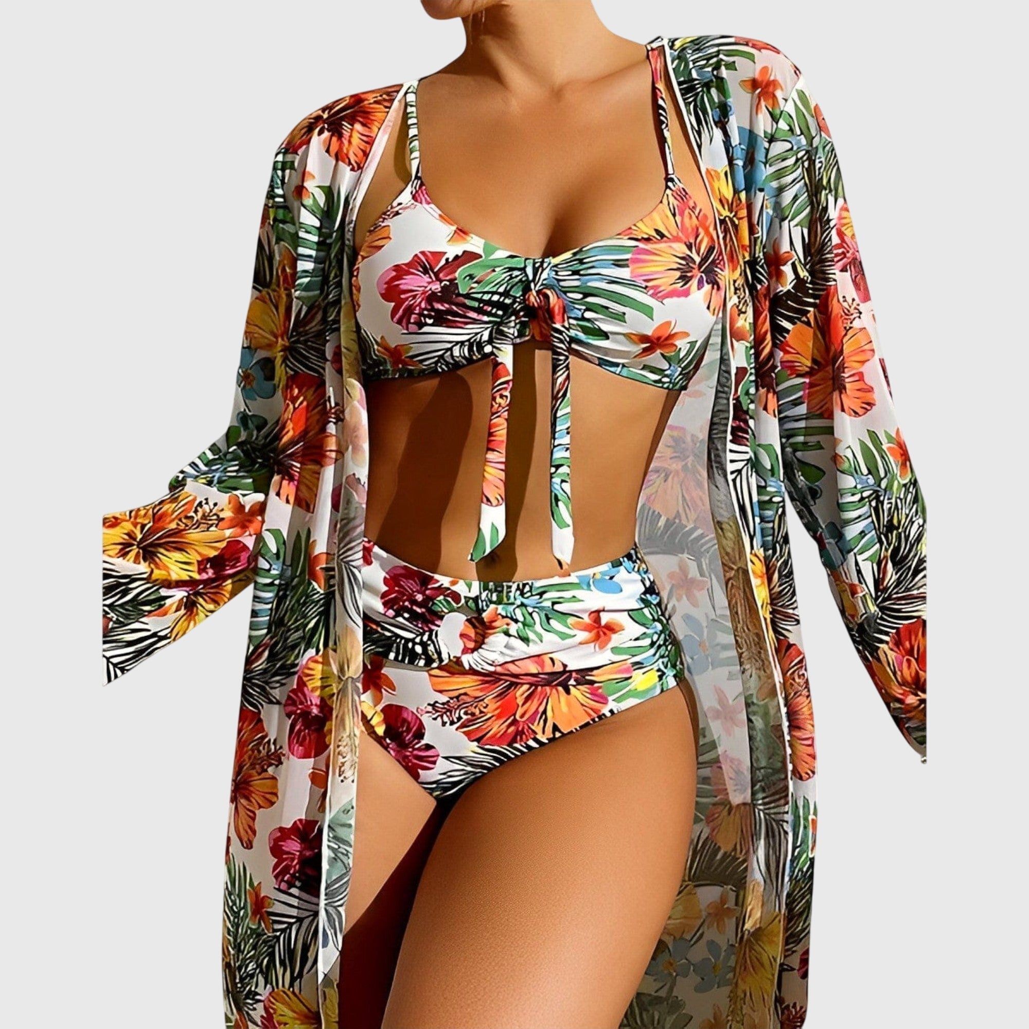 Women's Tropical Print Bikini Set 3-Piece High-Waisted Swimsuit with Cover-Up - Victrafia