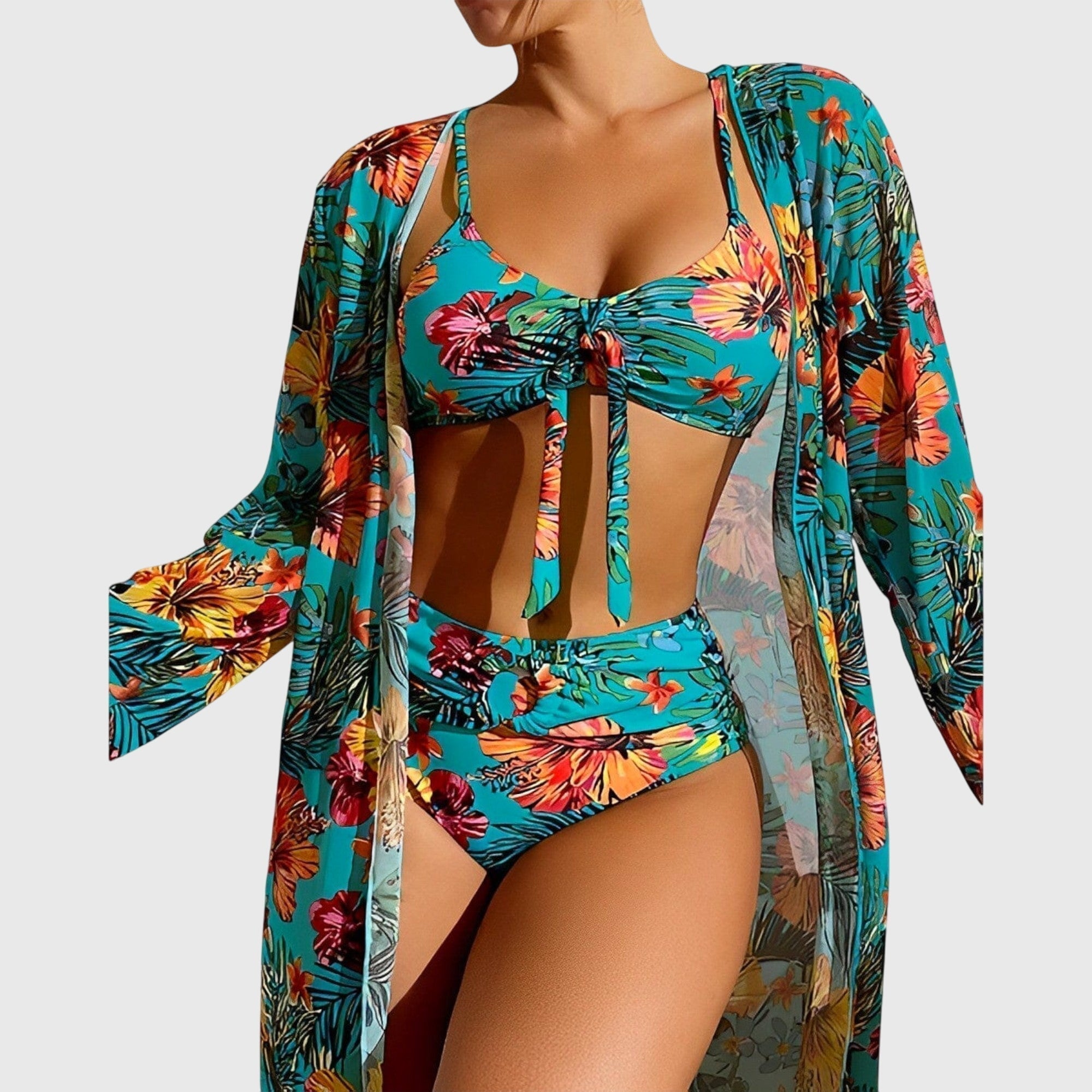 Women's Tropical Print Bikini Set 3-Piece High-Waisted Swimsuit with Cover-Up - Victrafia