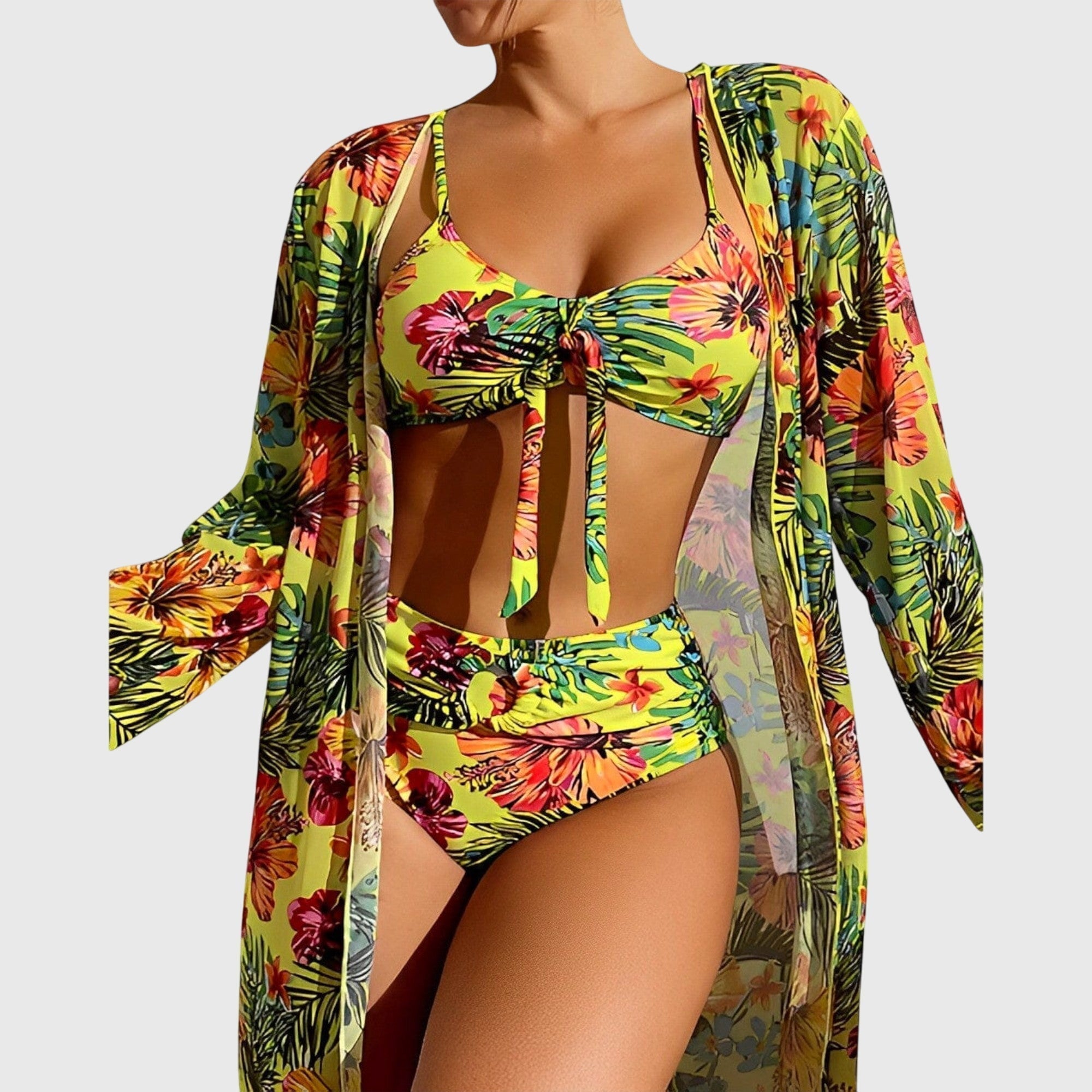 Women's Tropical Print Bikini Set 3-Piece High-Waisted Swimsuit with Cover-Up - Victrafia