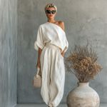 Women's Two-Piece Linen Set Off-Shoulder Top & Tapered Pants Summer Casual Outfit - Victrafia