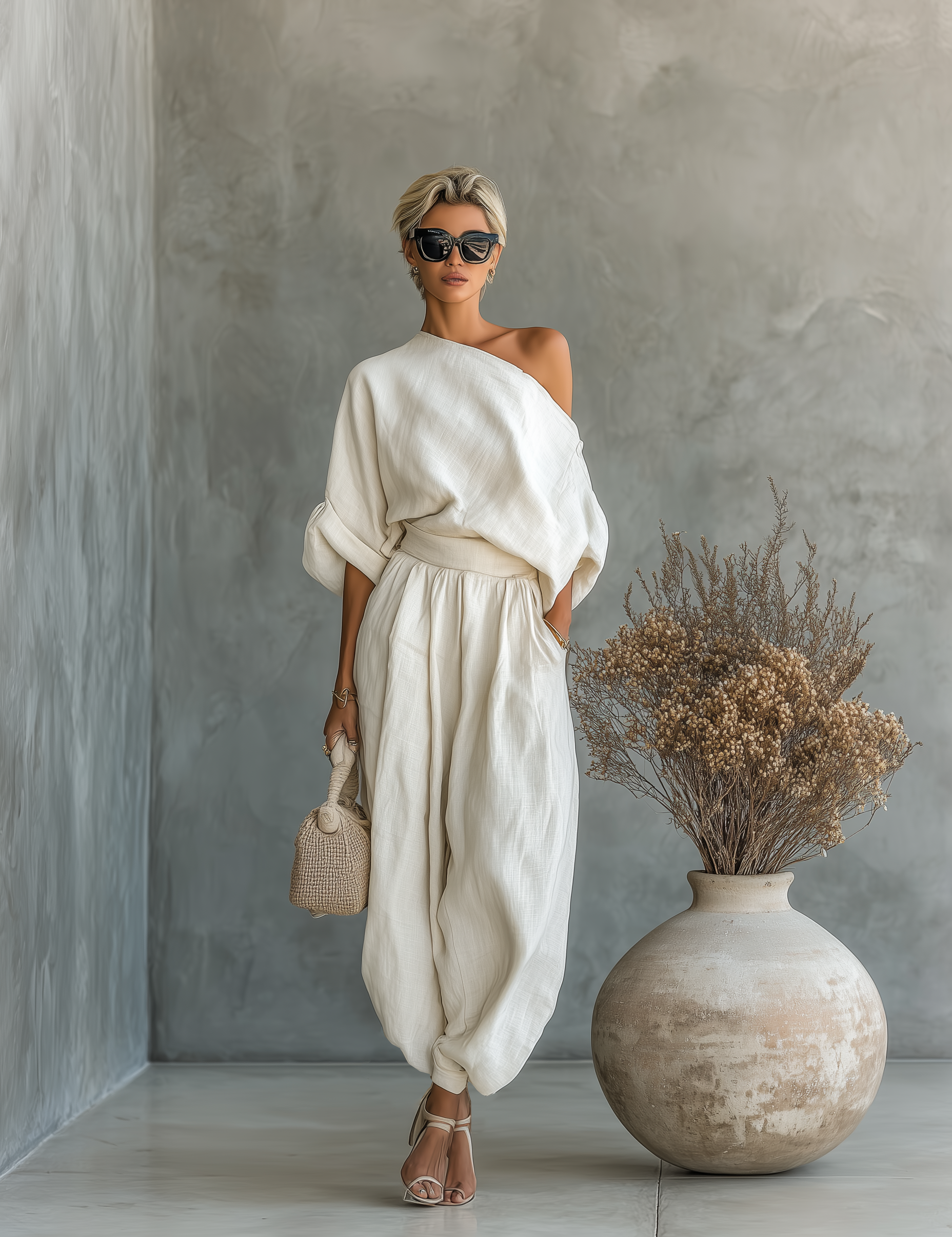 Women's Two-Piece Linen Set Off-Shoulder Top & Tapered Pants Summer Casual Outfit - Victrafia