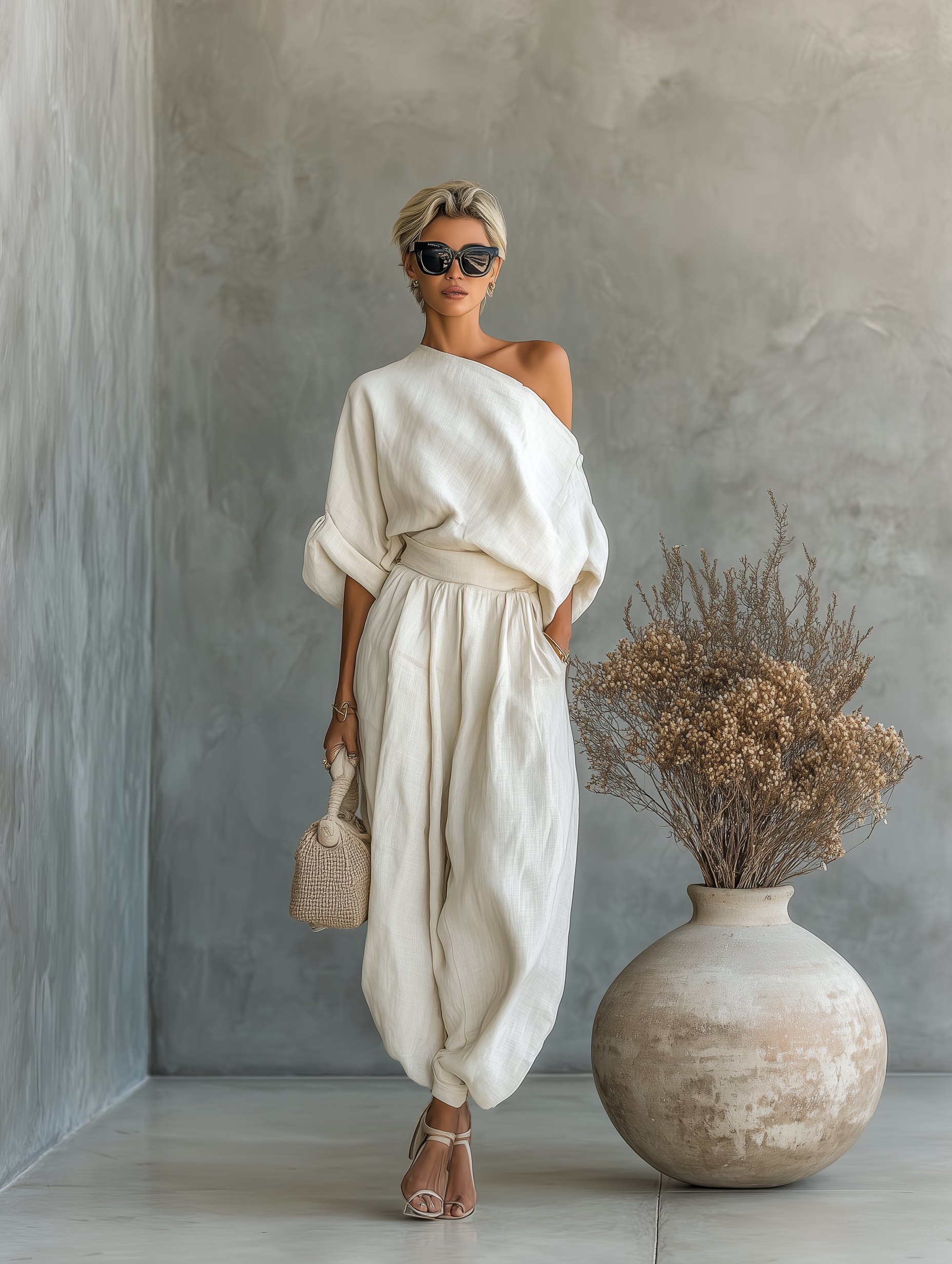 Women's Two-Piece Linen Set Off-Shoulder Top & Tapered Pants Summer Casual Outfit - Victrafia