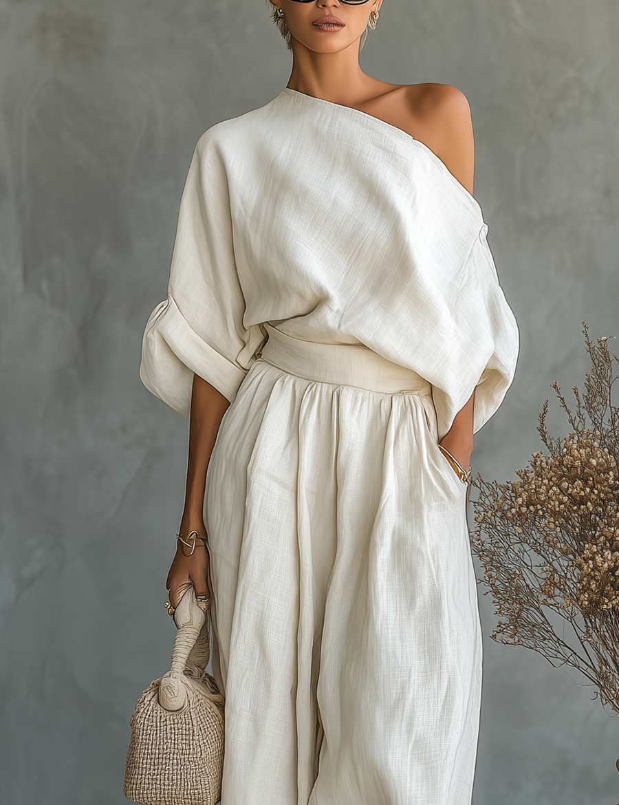 Women's Two-Piece Linen Set Off-Shoulder Top & Tapered Pants Summer Casual Outfit - Victrafia