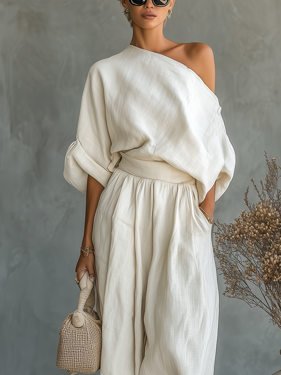 Women's Two-Piece Linen Set Off-Shoulder Top & Tapered Pants Summer Casual Outfit - Victrafia