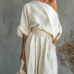Women's Two-Piece Linen Set Off-Shoulder Top & Tapered Pants Summer Casual Outfit - Victrafia
