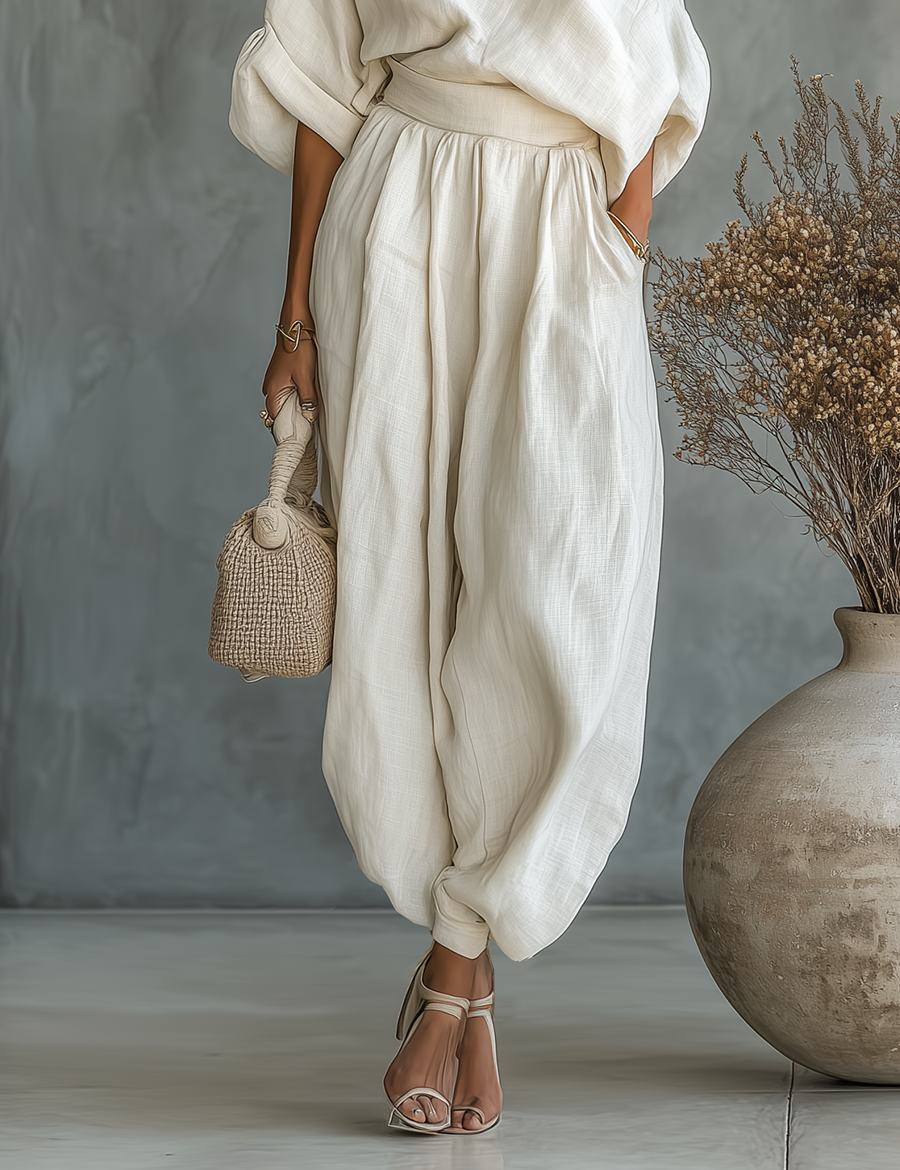 Women's Two-Piece Linen Set Off-Shoulder Top & Tapered Pants Summer Casual Outfit - Victrafia