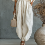 Women's Two-Piece Linen Set Off-Shoulder Top & Tapered Pants Summer Casual Outfit - Victrafia