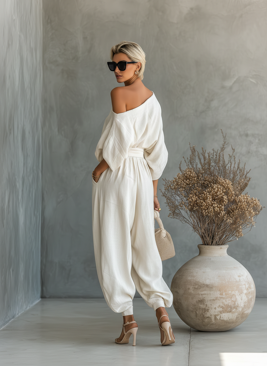 Women's Two-Piece Linen Set Off-Shoulder Top & Tapered Pants Summer Casual Outfit - Victrafia