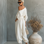 Women's Two-Piece Linen Set Off-Shoulder Top & Tapered Pants Summer Casual Outfit - Victrafia