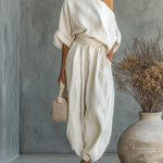 Women's Two-Piece Linen Set Off-Shoulder Top & Tapered Pants Summer Casual Outfit - Victrafia