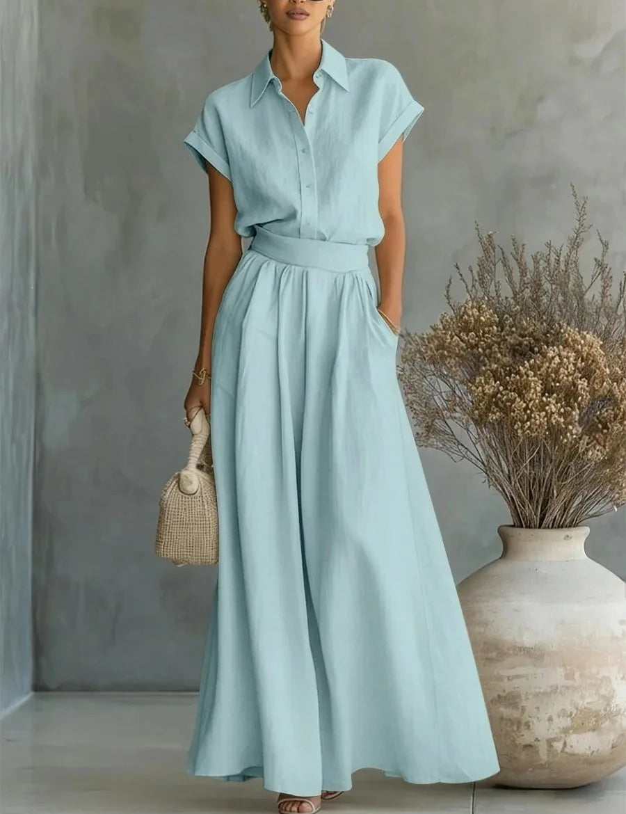 Women's Two-Piece Linen Set Wide-Leg Pants Button-Down Shirt Summer Casual Outfit - Victrafia