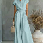 Women's Two-Piece Linen Set Wide-Leg Pants Button-Down Shirt Summer Casual Outfit - Victrafia