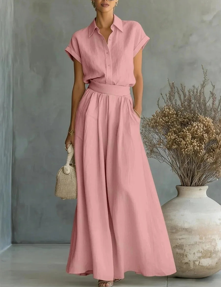 Women's Two-Piece Linen Set Wide-Leg Pants Button-Down Shirt Summer Casual Outfit - Victrafia