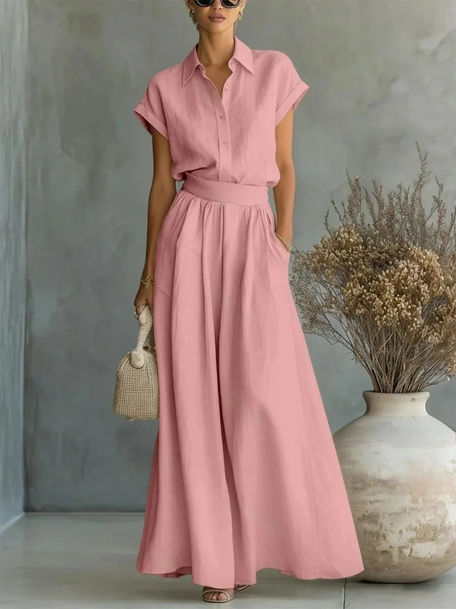 Women's Two-Piece Linen Set Wide-Leg Pants Button-Down Shirt Summer Casual Outfit - Victrafia