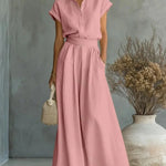 Women's Two-Piece Linen Set Wide-Leg Pants Button-Down Shirt Summer Casual Outfit - Victrafia