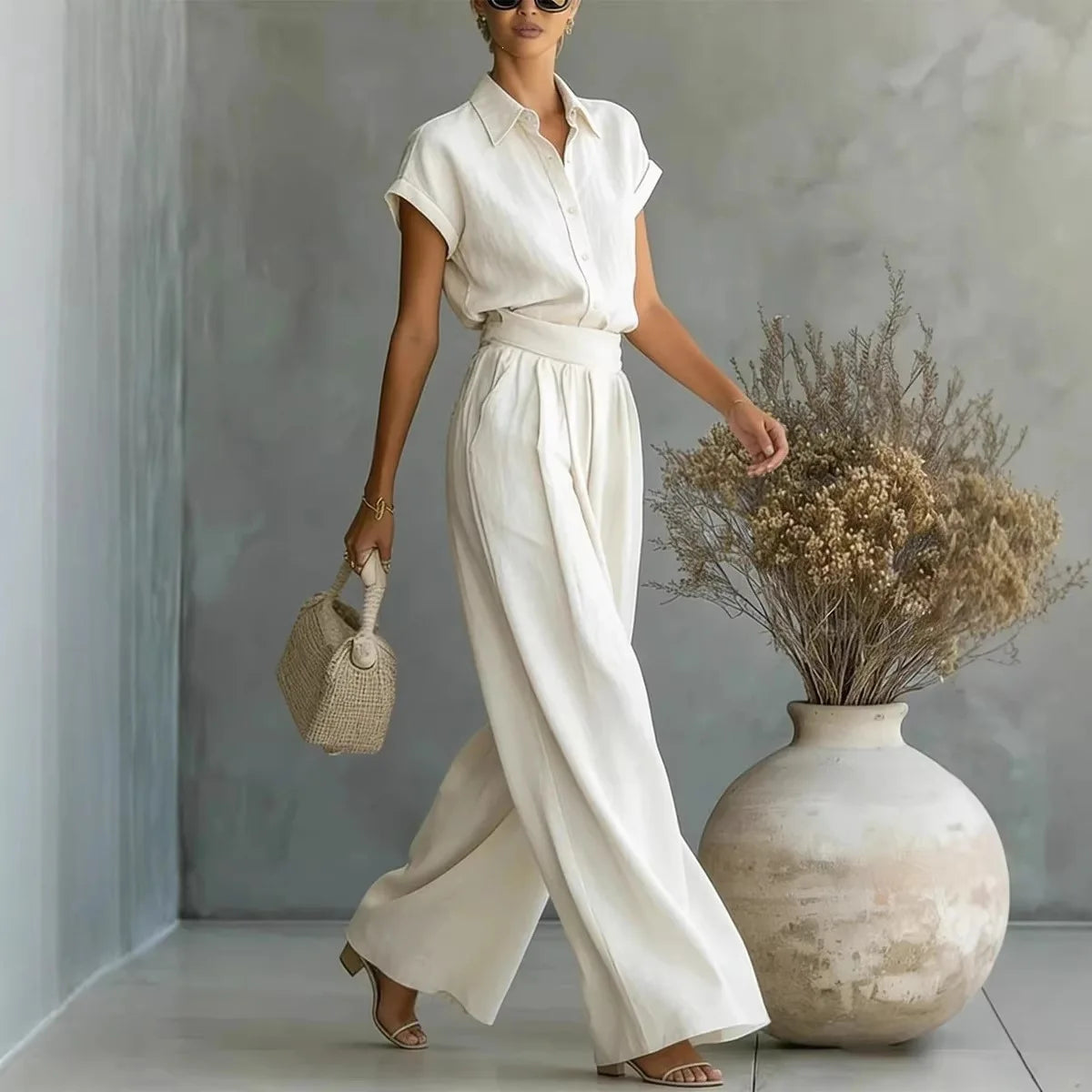 Women's Two-Piece Linen Set Wide-Leg Pants Button-Down Shirt Summer Casual Outfit - Victrafia