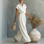 Women's Two-Piece Linen Set Wide-Leg Pants Button-Down Shirt Summer Casual Outfit - Victrafia