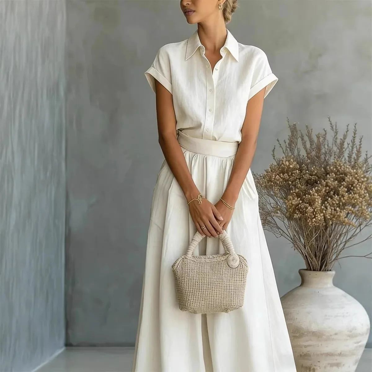 Women's Two-Piece Linen Set Wide-Leg Pants Button-Down Shirt Summer Casual Outfit - Victrafia