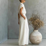 Women's Two-Piece Linen Set Wide-Leg Pants Button-Down Shirt Summer Casual Outfit - Victrafia