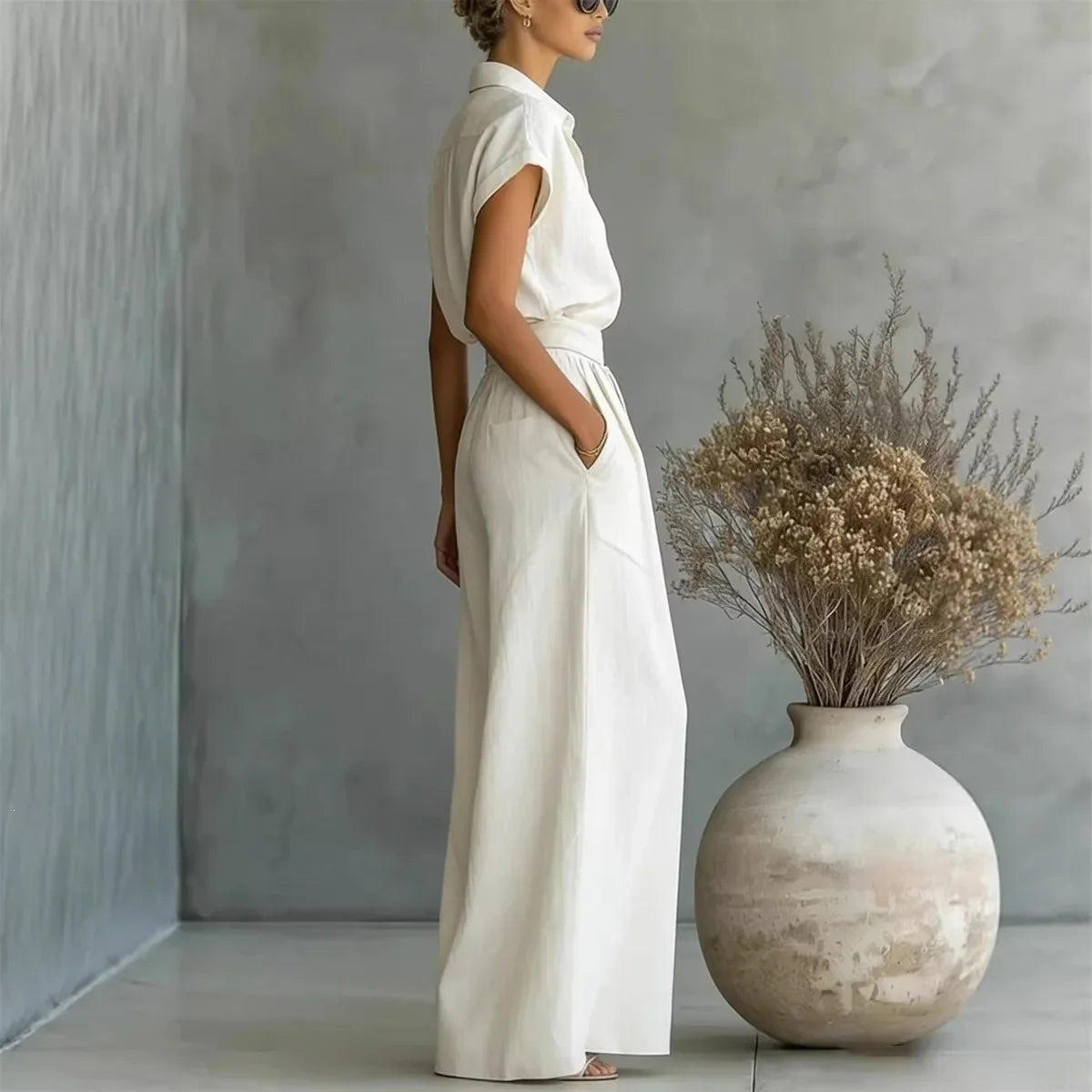 Women's Two-Piece Linen Set Wide-Leg Pants Button-Down Shirt Summer Casual Outfit - Victrafia