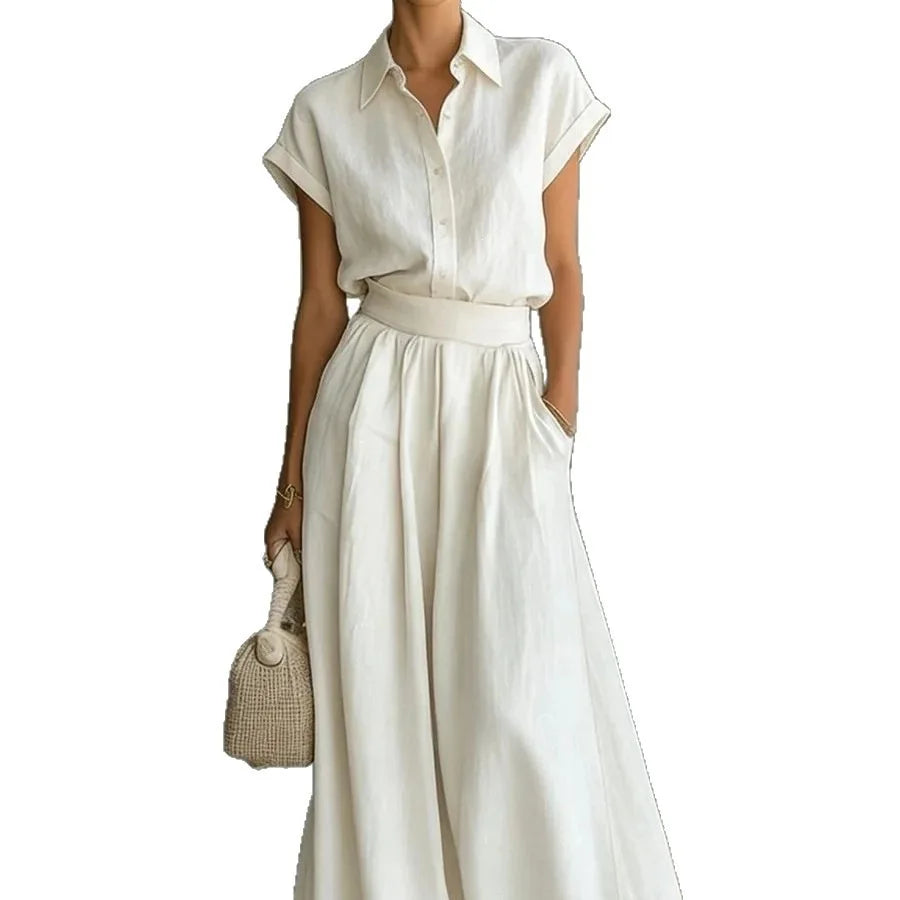 Women's Two-Piece Linen Set Wide-Leg Pants Button-Down Shirt Summer Casual Outfit - Victrafia