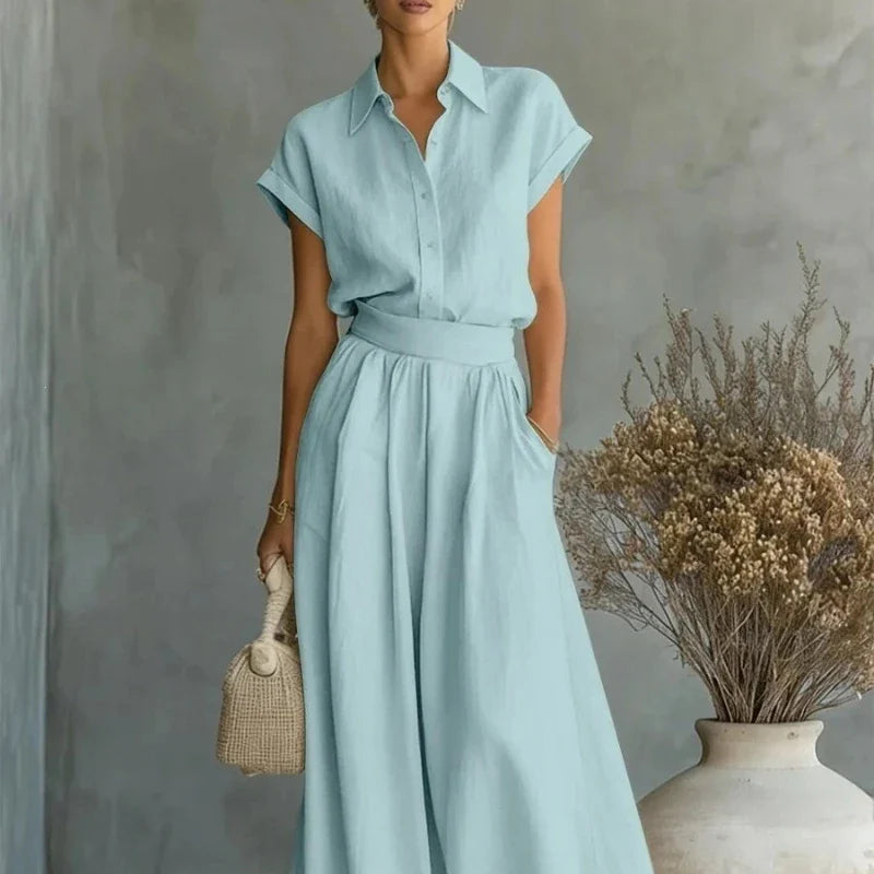Women's Two-Piece Linen Set Wide-Leg Pants Button-Down Shirt Summer Casual Outfit - Victrafia