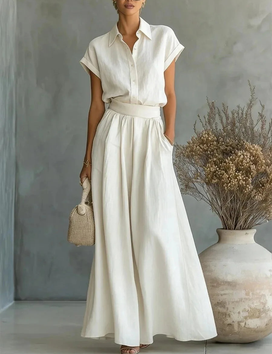 Women's Two-Piece Linen Set Wide-Leg Pants Button-Down Shirt Summer Casual Outfit - Victrafia