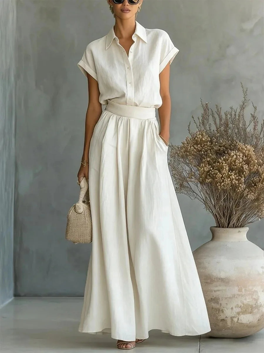 Women's Two-Piece Linen Set Wide-Leg Pants Button-Down Shirt Summer Casual Outfit - Victrafia