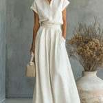Women's Two-Piece Linen Set Wide-Leg Pants Button-Down Shirt Summer Casual Outfit - Victrafia