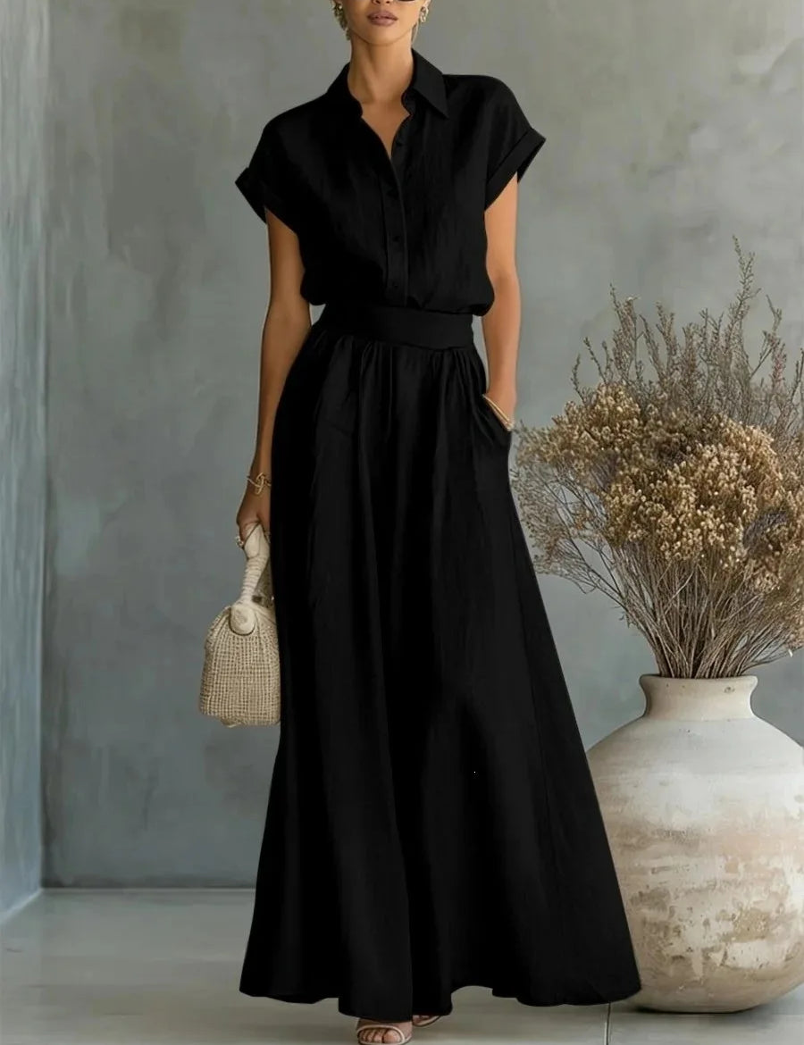 Women's Two-Piece Linen Set Wide-Leg Pants Button-Down Shirt Summer Casual Outfit - Victrafia