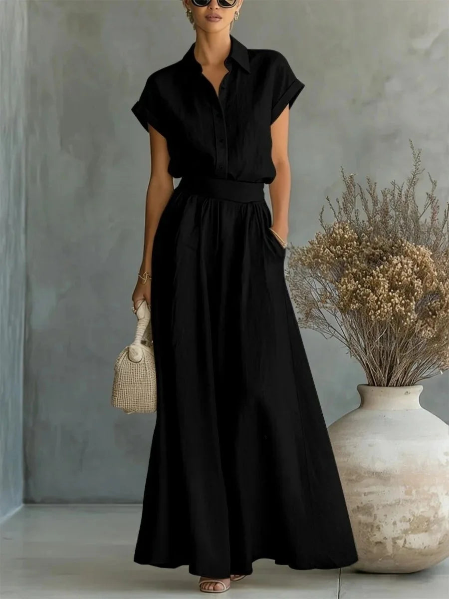 Women's Two-Piece Linen Set Wide-Leg Pants Button-Down Shirt Summer Casual Outfit - Victrafia