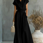 Women's Two-Piece Linen Set Wide-Leg Pants Button-Down Shirt Summer Casual Outfit - Victrafia
