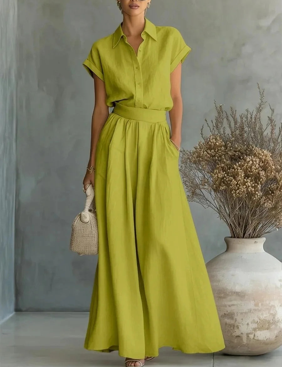 Women's Two-Piece Linen Set Wide-Leg Pants Button-Down Shirt Summer Casual Outfit - Victrafia