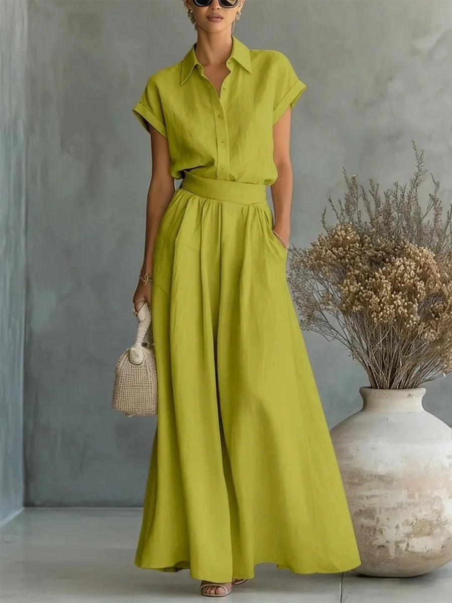 Women's Two-Piece Linen Set Wide-Leg Pants Button-Down Shirt Summer Casual Outfit - Victrafia