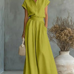 Women's Two-Piece Linen Set Wide-Leg Pants Button-Down Shirt Summer Casual Outfit - Victrafia