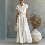 Women's Two-Piece Linen Set Wide-Leg Pants Button-Down Shirt Summer Casual Outfit - Victrafia
